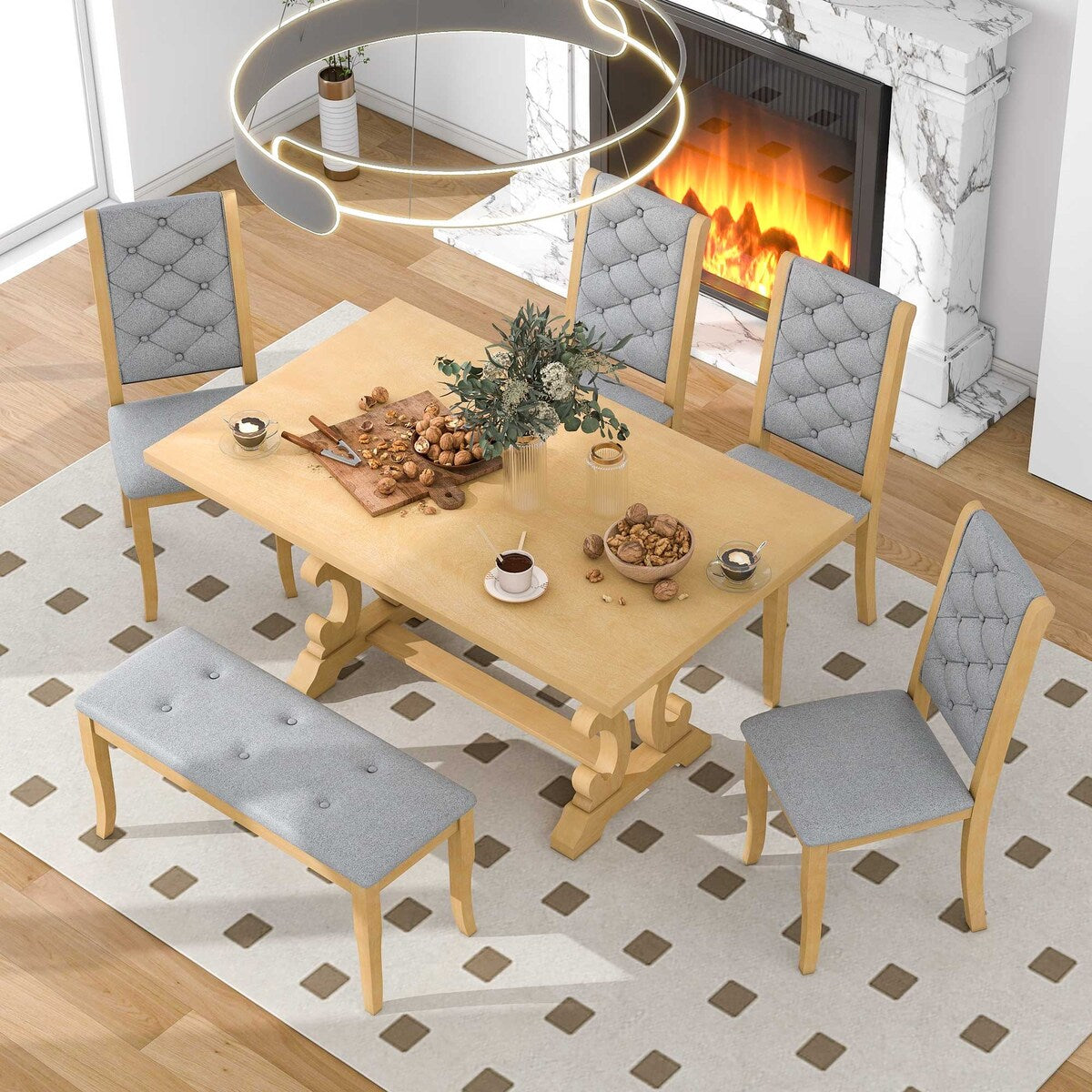 6-Piece Retro Dining Set With Unique-designed Table Legs and 4 Seat&1 Bench with Foam-covered