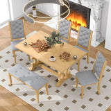 6-Piece Retro Dining Set With Unique-designed Table Legs and 4 Seat&1 Bench with Foam-covered