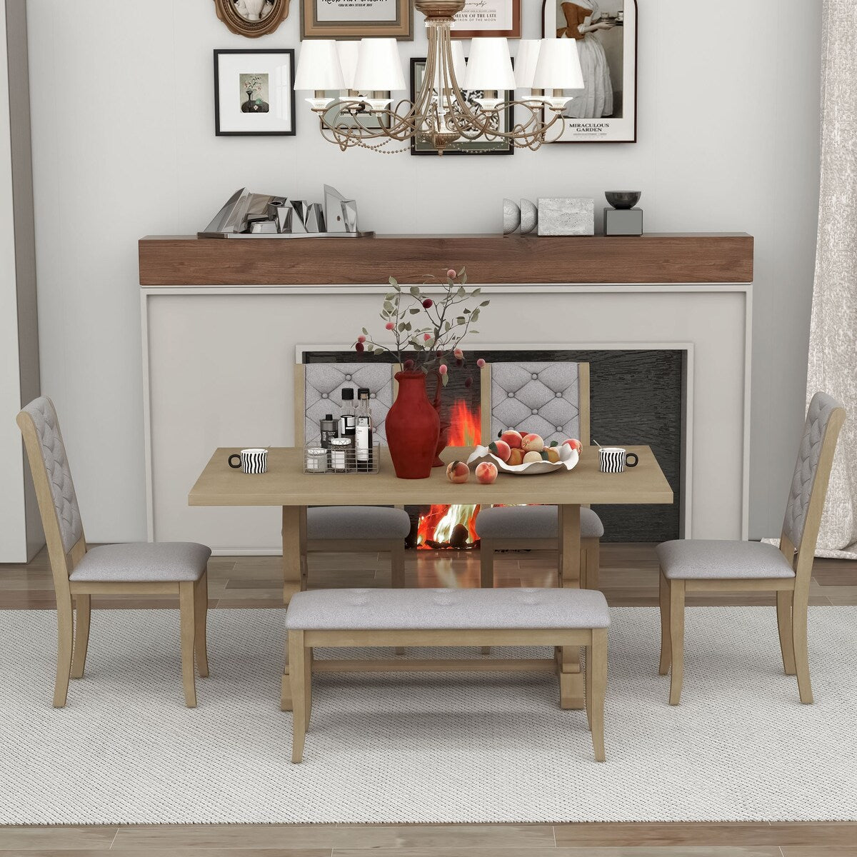 6-Piece Retro Dining Set With Unique-designed Table Legs and 4 Seat&1 Bench with Foam-covered