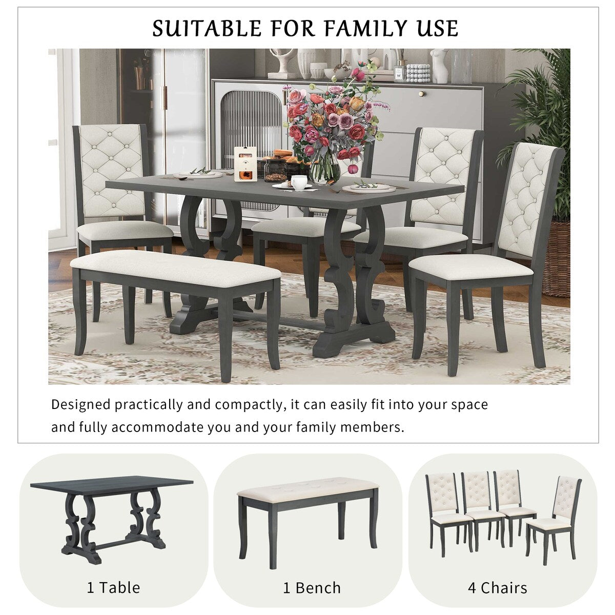 6-Piece Retro Dining Set With Unique-designed Table Legs and 4 Seat&1 Bench with Foam-covered
