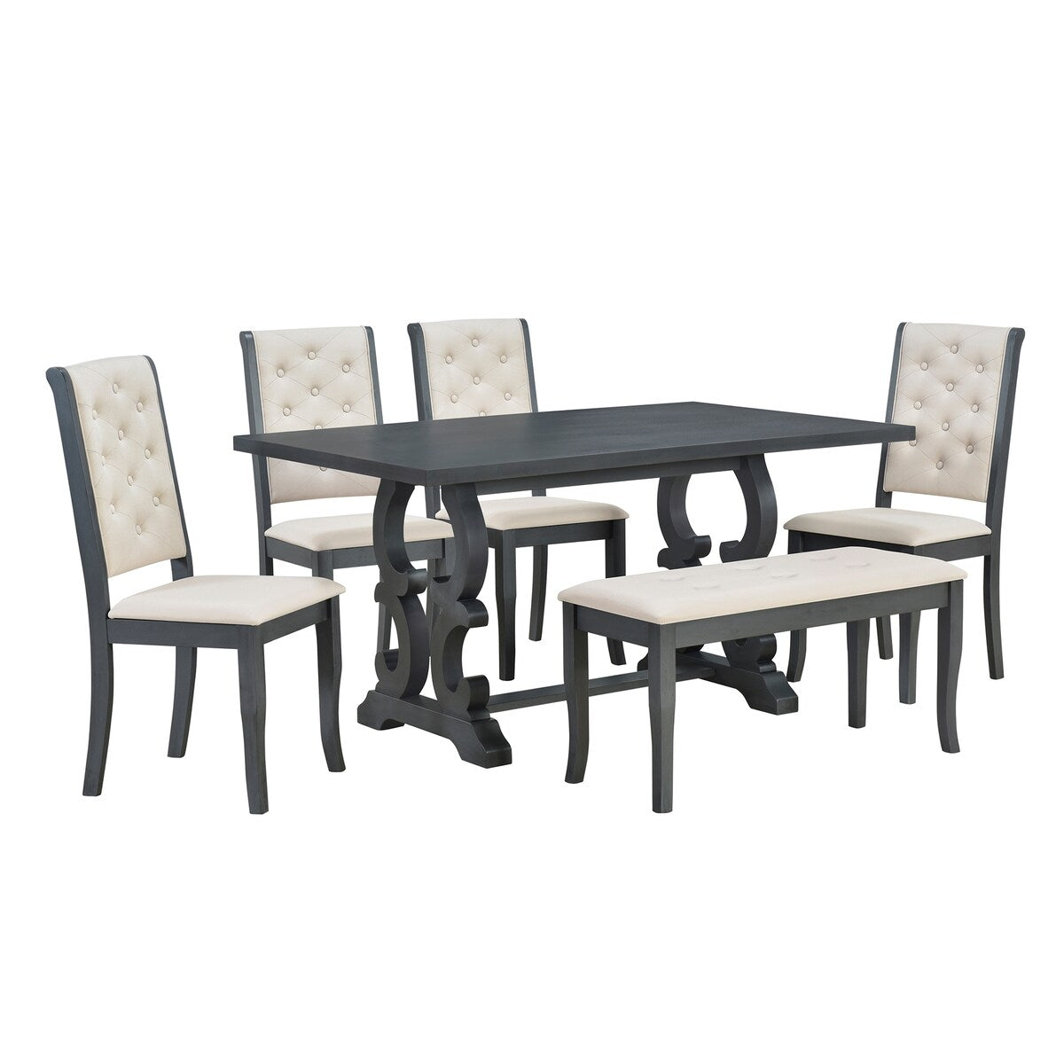 6-Piece Retro Dining Set With Unique-designed Table Legs and 4 Seat&1 Bench with Foam-covered