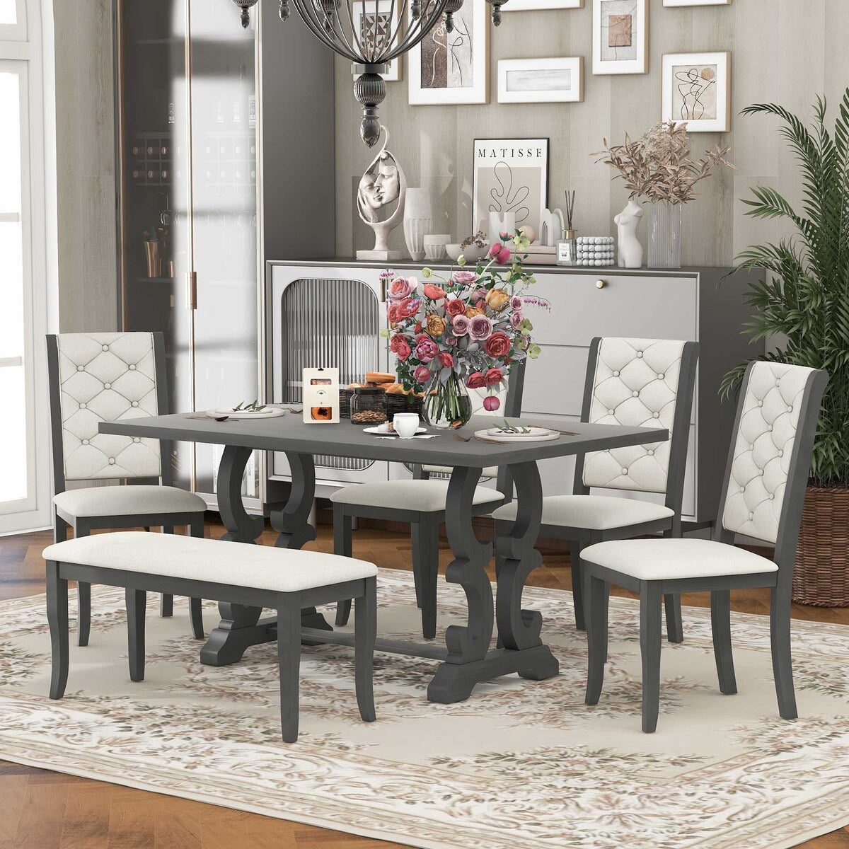 6-Piece Retro Dining Set With Unique-designed Table Legs and 4 Seat&1 Bench with Foam-covered