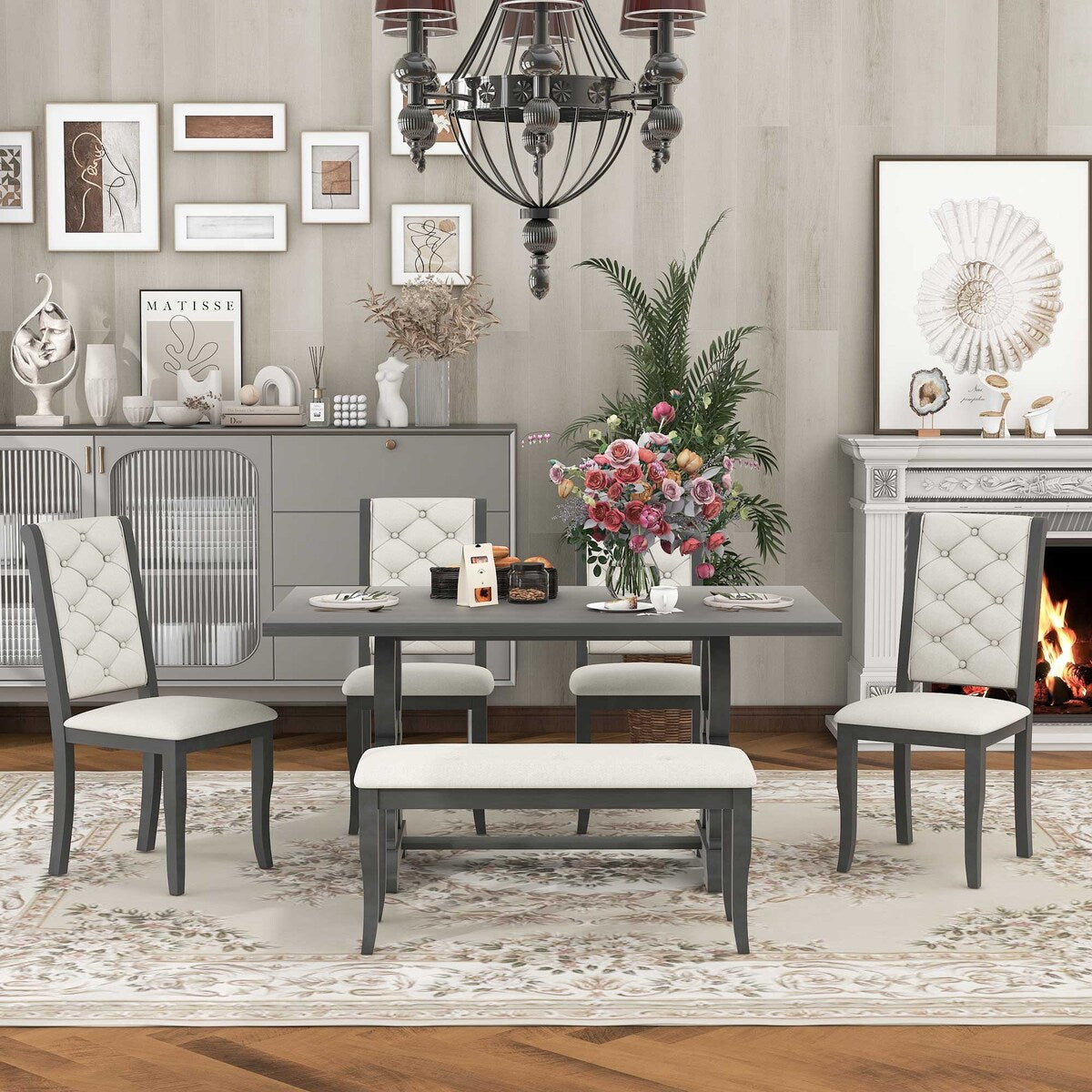 6-Piece Retro Dining Set With Unique-designed Table Legs and 4 Seat&1 Bench with Foam-covered