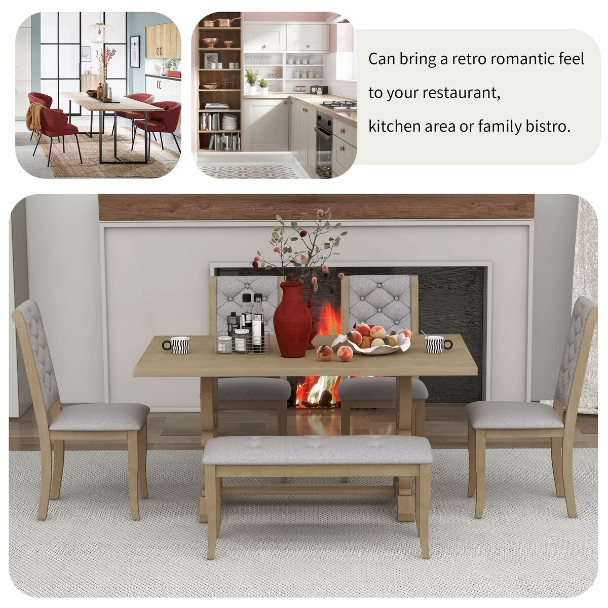 6-Piece Retro Dining Set With Unique-designed Table Legs and 4 Seat&1 Bench with Foam-covered