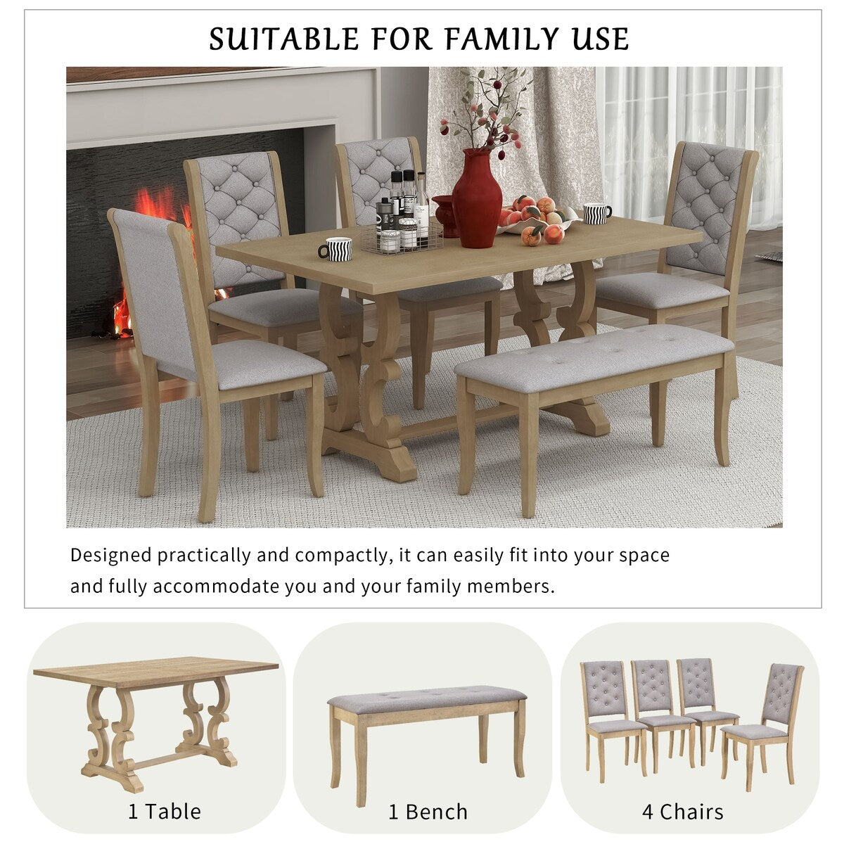 6-Piece Retro Dining Set With Unique-designed Table Legs and 4 Seat&1 Bench with Foam-covered