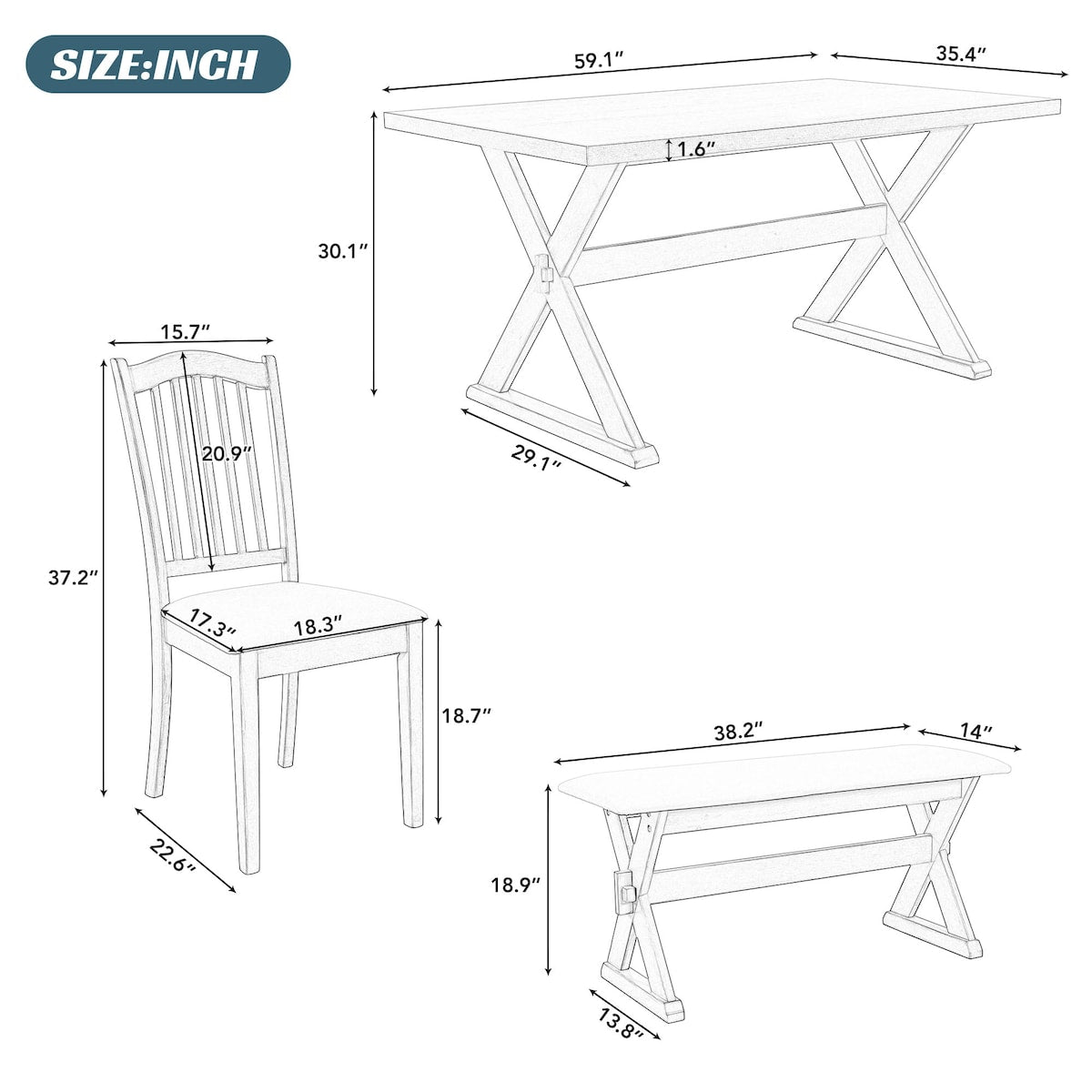 6-Piece Rustic Dining Set With Rectangular Trestle Table and 4 Upholstered Chairs & Bench