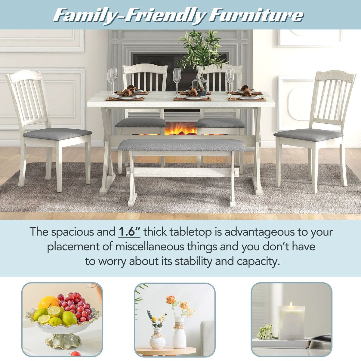 6-Piece Rustic Dining Set With Rectangular Trestle Table and 4 Upholstered Chairs & Bench