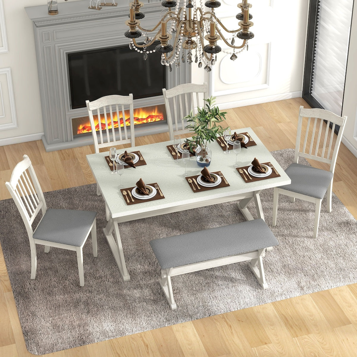 6-Piece Rustic Dining Set With Rectangular Trestle Table and 4 Upholstered Chairs & Bench