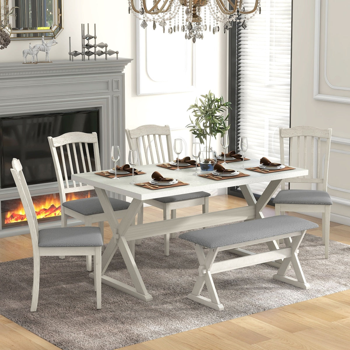 6-Piece Rustic Dining Set With Rectangular Trestle Table and 4 Upholstered Chairs & Bench