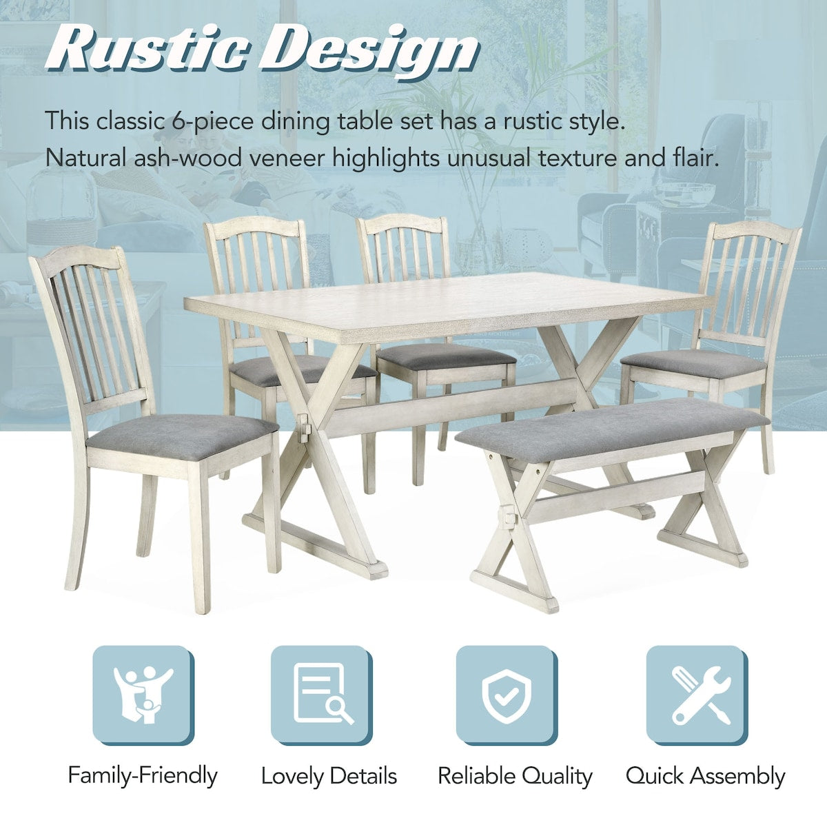 6-Piece Rustic Dining Set With Rectangular Trestle Table and 4 Upholstered Chairs & Bench