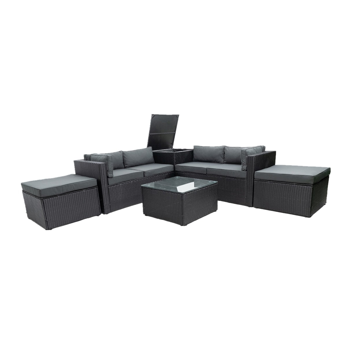 6-Piece Sectional Patio Set with Storage Box, Removeable Cushions & Tempered Glass Tabletop for Your Enjoyment.