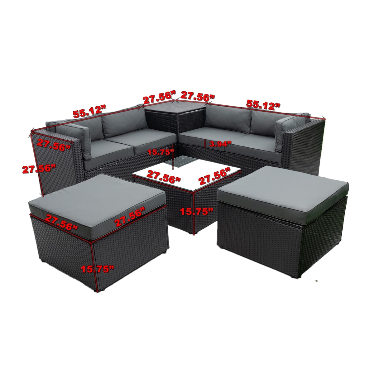 6-Piece Sectional Patio Set with Storage Box, Removeable Cushions & Tempered Glass Tabletop for Your Enjoyment.