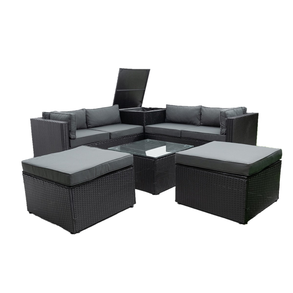 6-Piece Sectional Patio Set with Storage Box, Removeable Cushions & Tempered Glass Tabletop for Your Enjoyment.