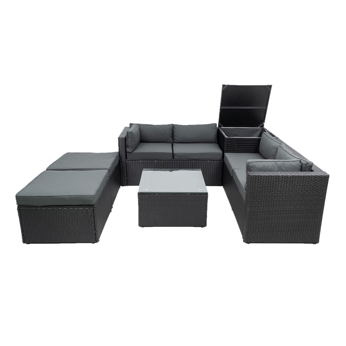 6-Piece Sectional Patio Set with Storage Box, Removeable Cushions & Tempered Glass Tabletop for Your Enjoyment.