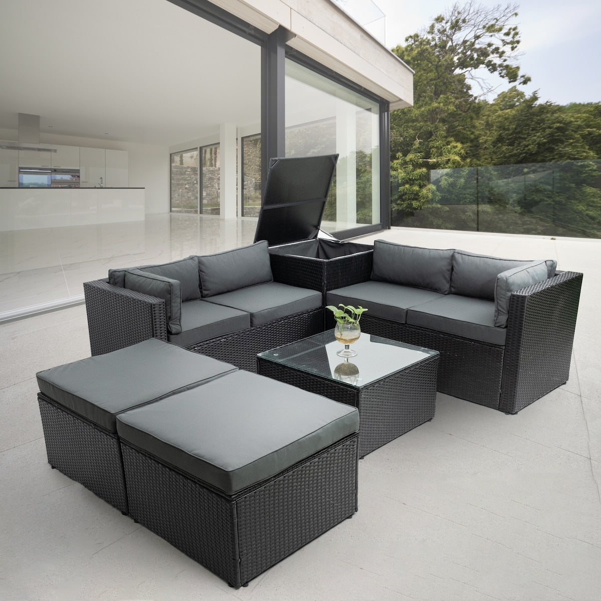 6-Piece Sectional Patio Set with Storage Box, Removeable Cushions & Tempered Glass Tabletop for Your Enjoyment.