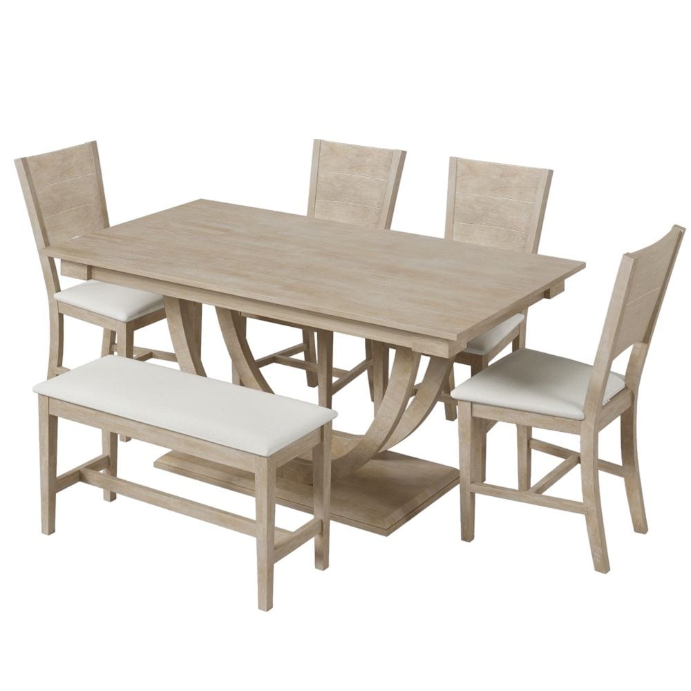 6-Piece Wood Half Round Dining Table Set Kitchen Table Set with Long Bench and 4 Dining Chairs
