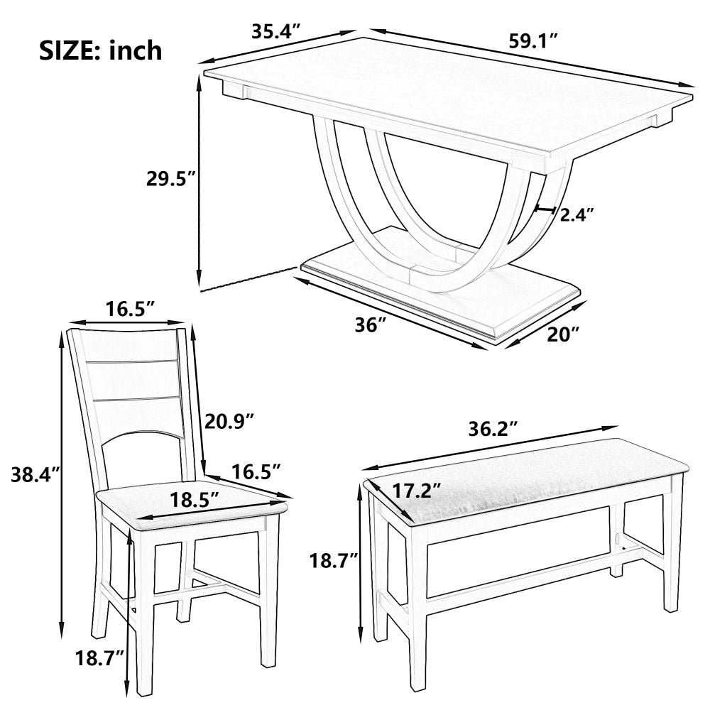 6-Piece Wood Half Round Dining Table Set Kitchen Table Set with Long Bench and 4 Dining Chairs