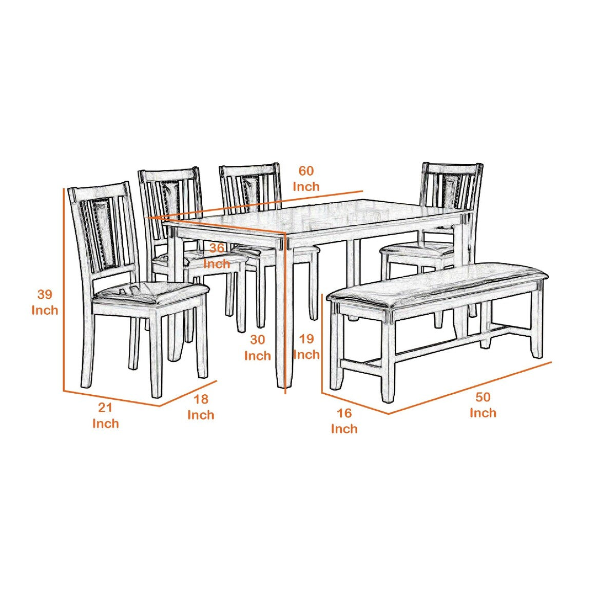 6 Piece Wooden Dining Set with Leatherette Padded Chair and Bench, Gray