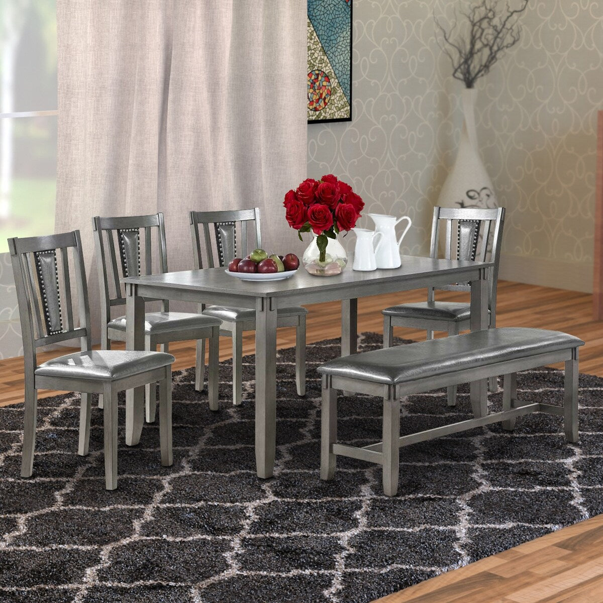 6 Piece Wooden Dining Set with Leatherette Padded Chair and Bench, Gray