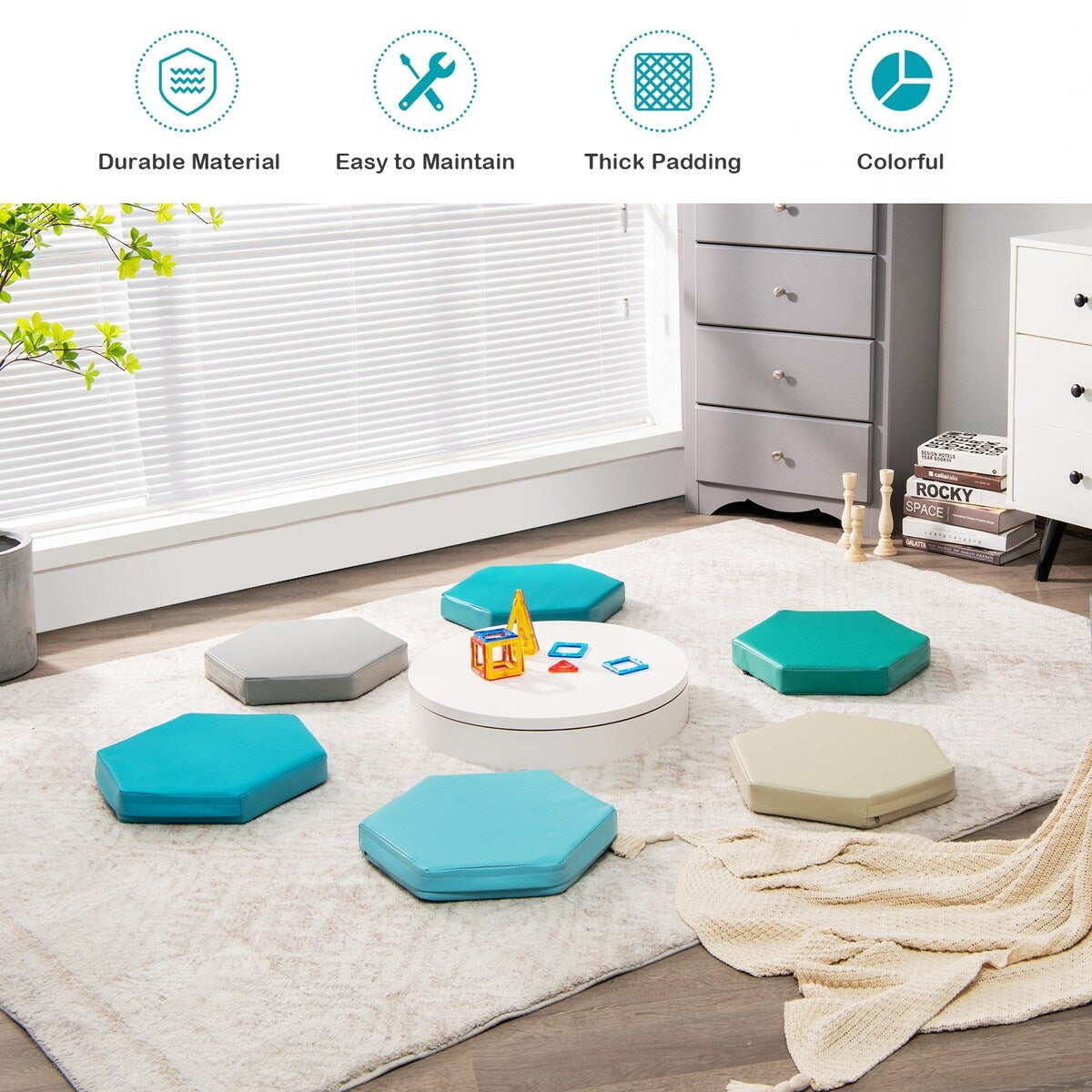 6 Pieces Multifunctional Hexagon Toddler Floor Cushions Classroom Seating with Handles