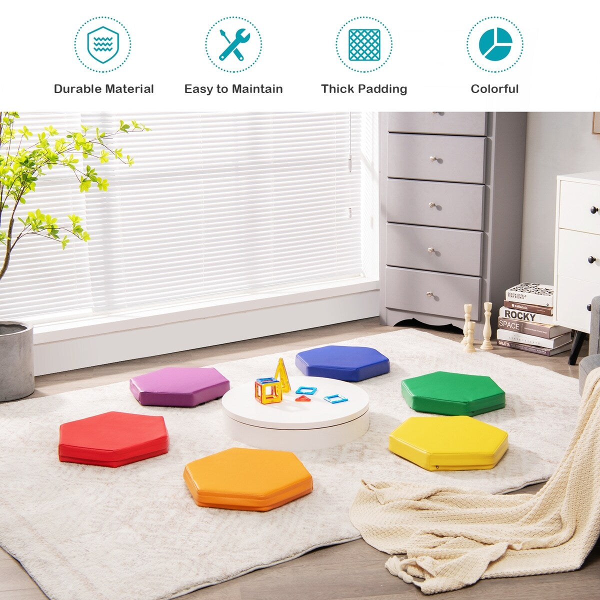 6 Pieces Multifunctional Hexagon Toddler Floor Cushions Classroom Seating with Handles