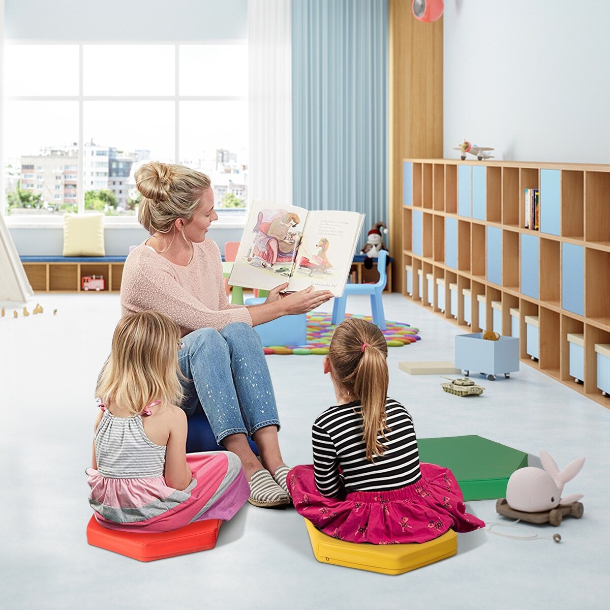 6 Pieces Multifunctional Hexagon Toddler Floor Cushions Classroom Seating with Handles