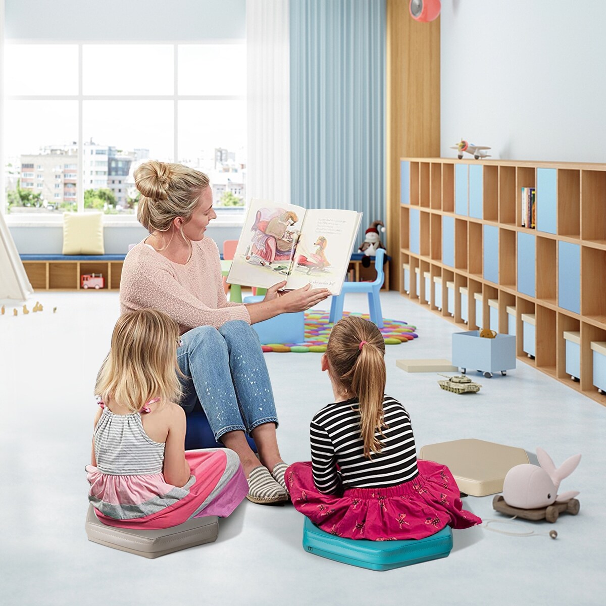 6 Pieces Multifunctional Hexagon Toddler Floor Cushions Classroom Seating with Handles