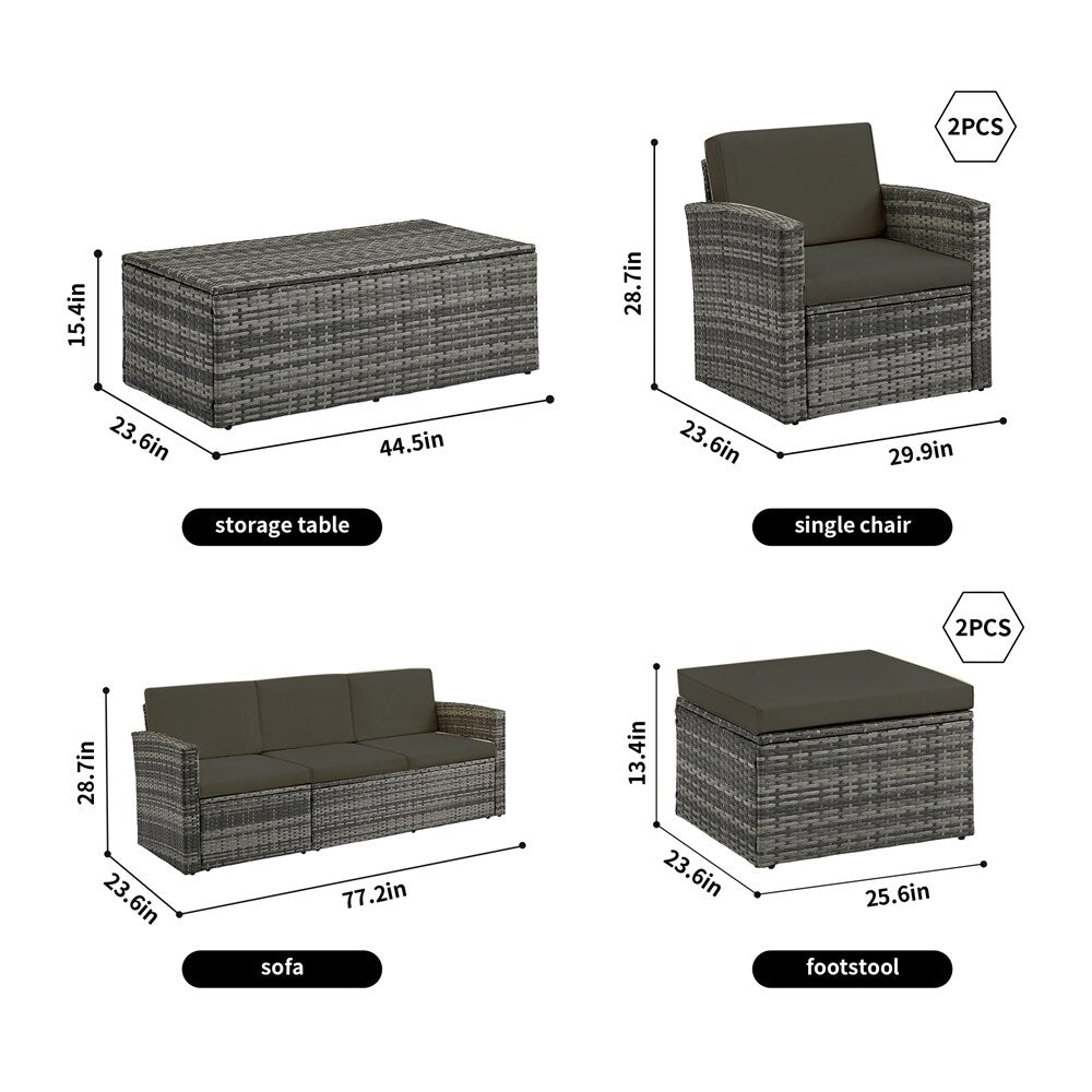 6 Pieces Wicker Patio PE Rattan Sectional Sofa Couch w/ Storage Table