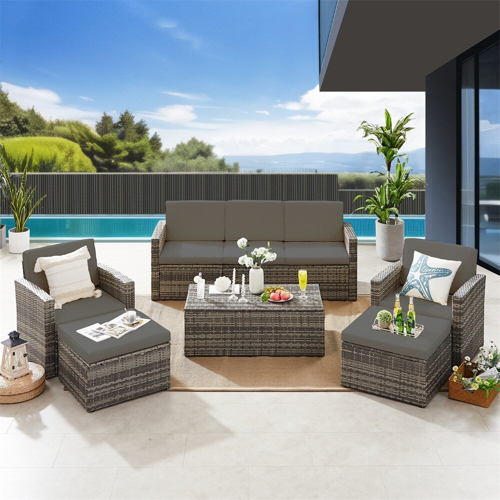 6 Pieces Wicker Patio PE Rattan Sectional Sofa Couch w/ Storage Table