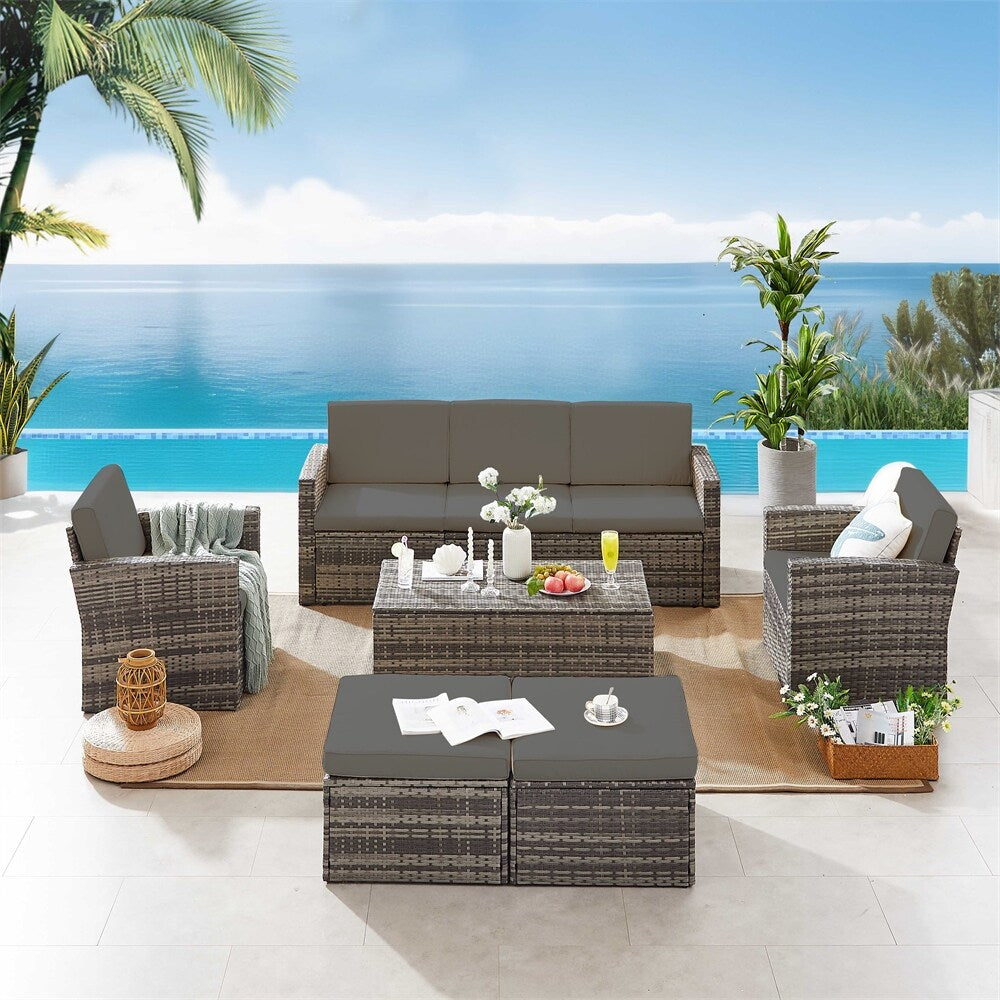 6 Pieces Wicker Patio PE Rattan Sectional Sofa Couch w/ Storage Table