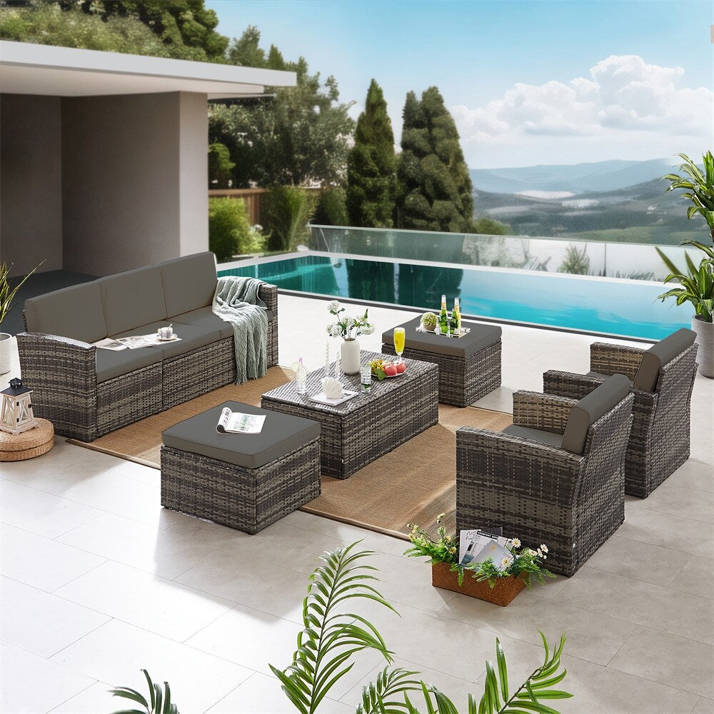 6 Pieces Wicker Patio PE Rattan Sectional Sofa Couch w/ Storage Table