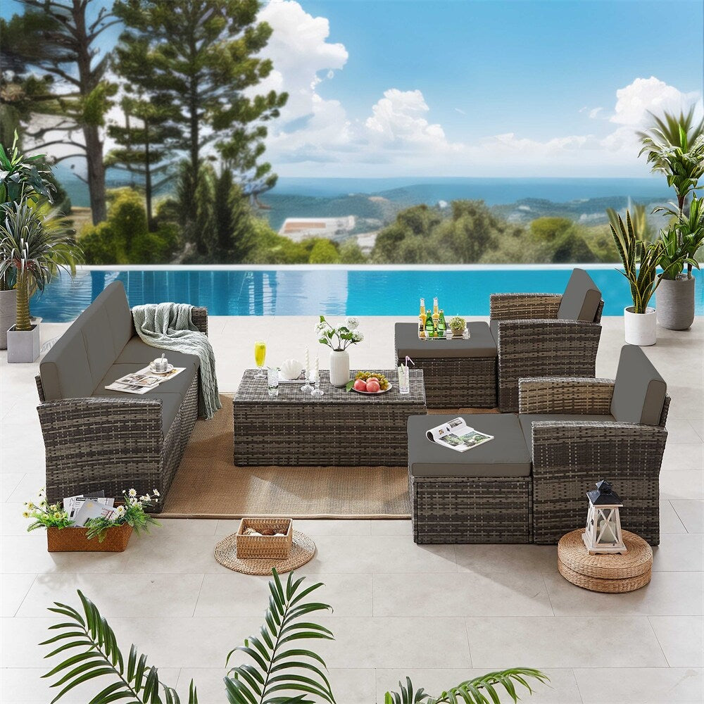 6 Pieces Wicker Patio PE Rattan Sectional Sofa Couch w/ Storage Table