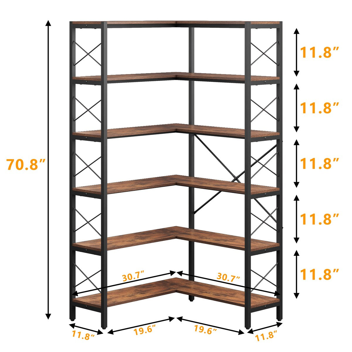 6-Shelf Corner Bookcase, Vintage Industrial Corner Shelf Stand Etagere Bookcase