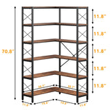 6-Shelf Corner Bookcase, Vintage Industrial Corner Shelf Stand Etagere Bookcase