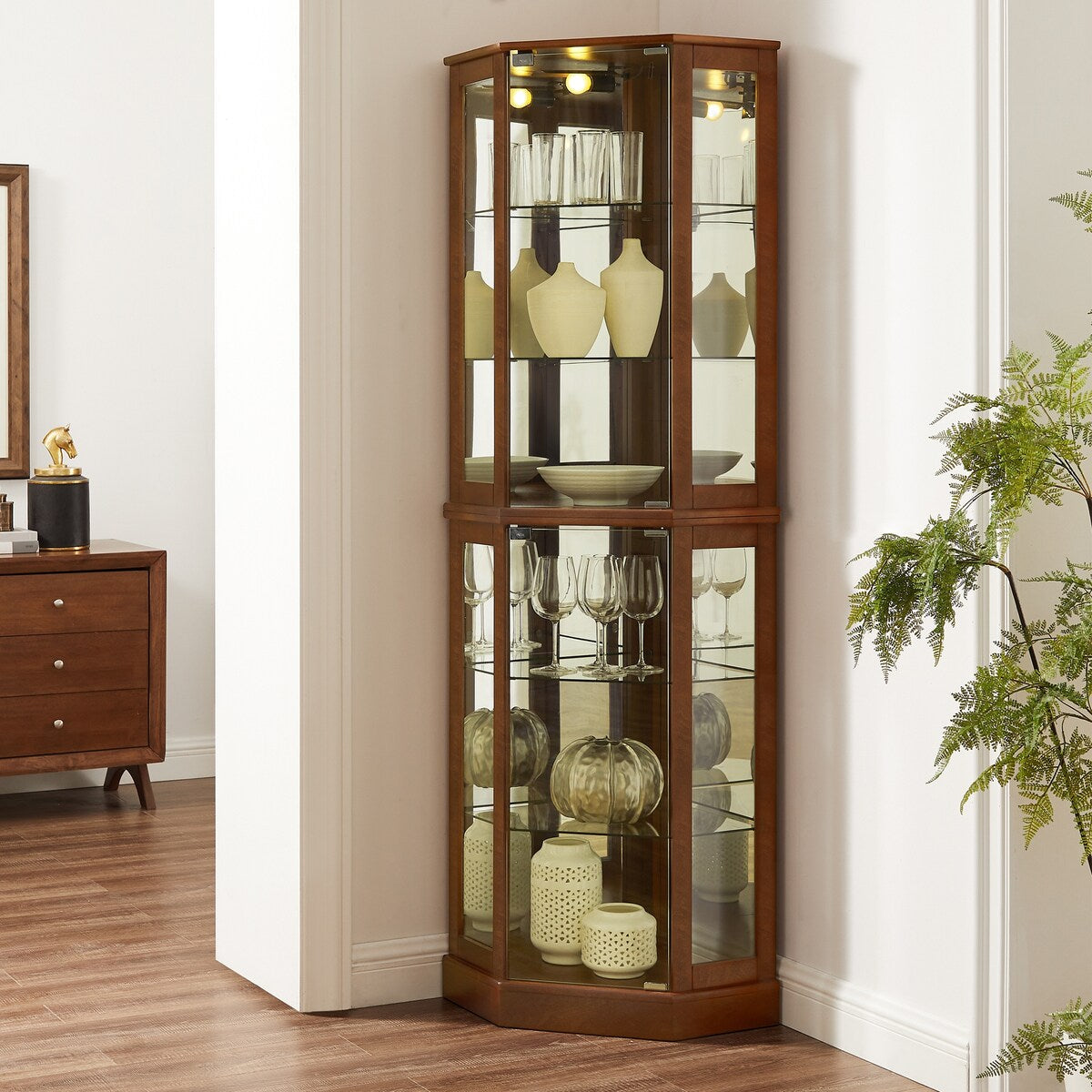 6 Shelf Corner Curio Display Cabinet with Lights, Mirrors and Adjustable Shelves