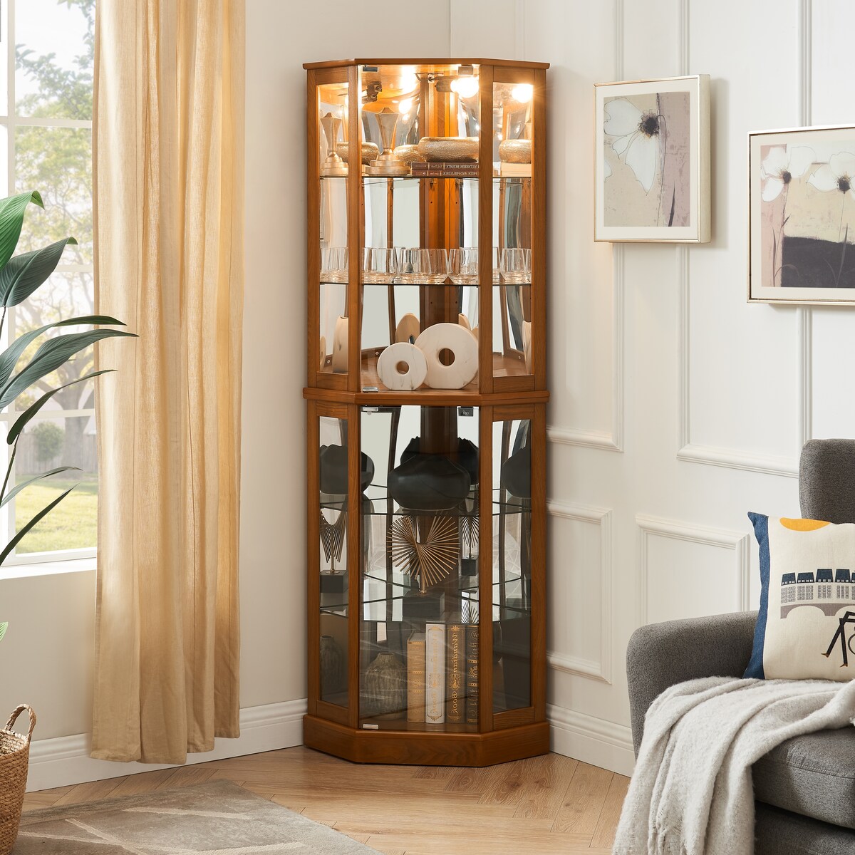 6 Shelf Corner Curio Display Cabinet with Lights, Mirrors and Adjustable Shelves