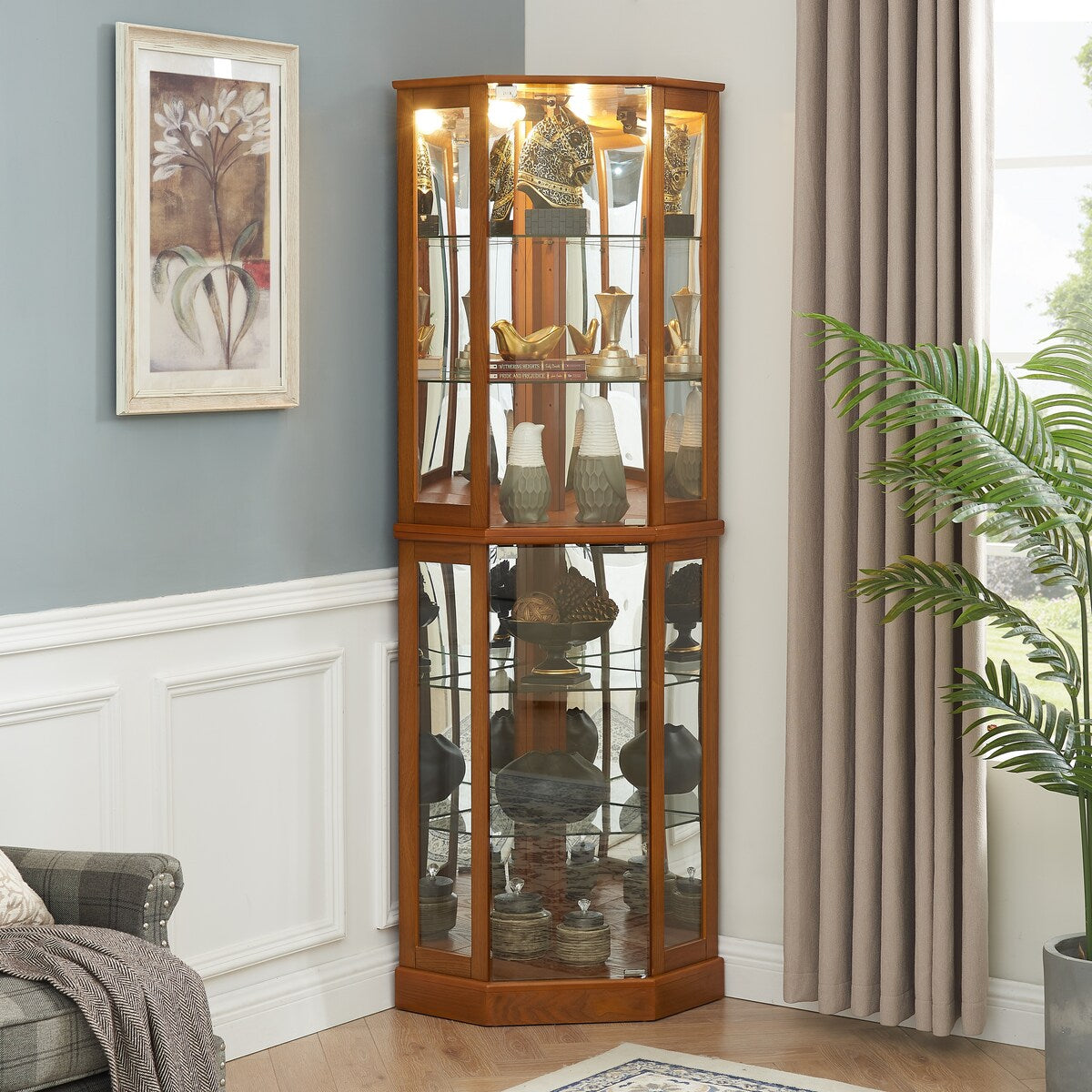 6 Shelf Corner Curio Display Cabinet with Lights, Mirrors and Adjustable Shelves