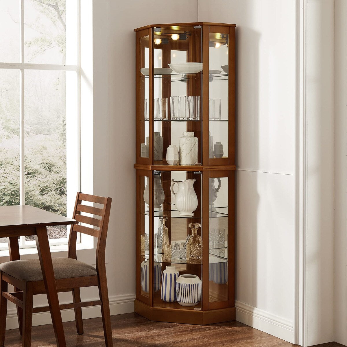 6 Shelf Corner Curio Display Cabinet with Lights, Mirrors and Adjustable Shelves