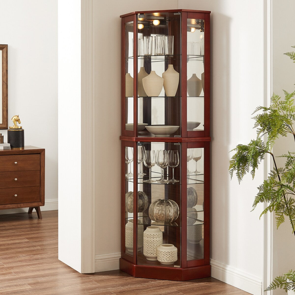 6 Shelf Corner Curio Display Cabinet with Lights, Mirrors and Adjustable Shelves