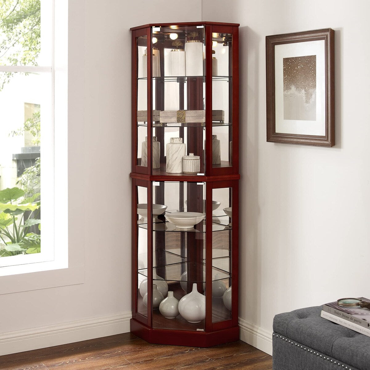 6 Shelf Corner Curio Display Cabinet with Lights, Mirrors and Adjustable Shelves