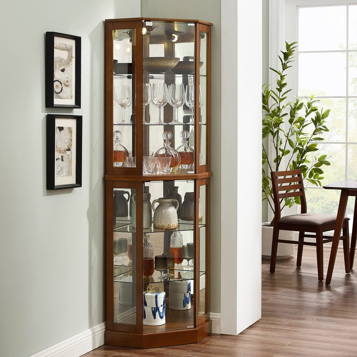 6 Shelf Corner Curio Display Cabinet with Lights, Mirrors and Adjustable Shelves