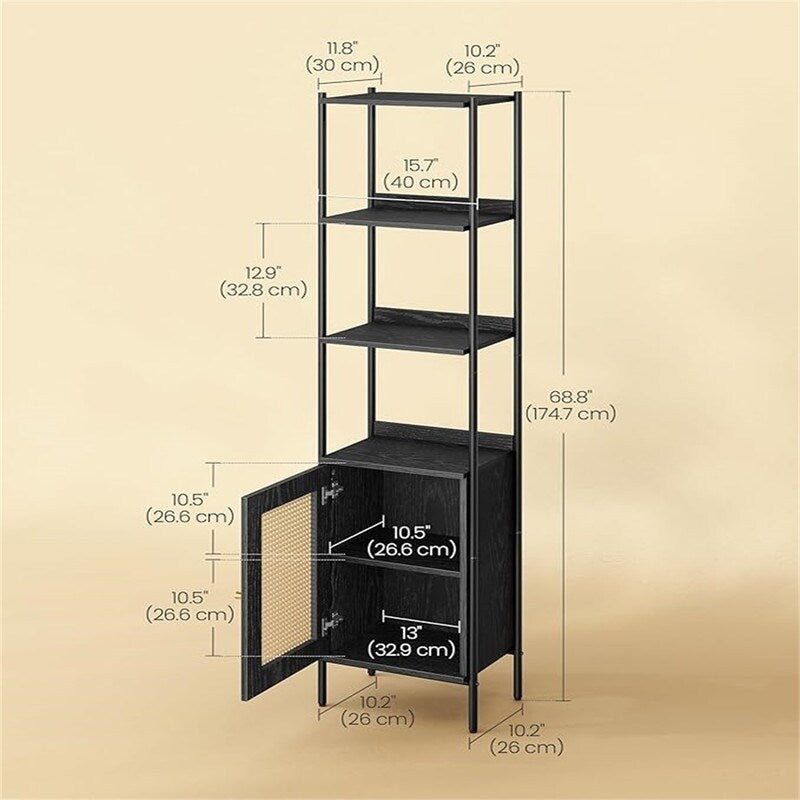 6-Tier Bookcase, Slim Bookshelf with Rattan-Like Door - 11.8"D x 15.7"W x 68.8"H