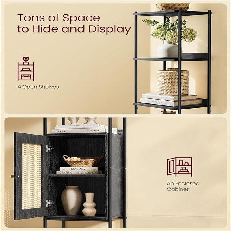 6-Tier Bookcase, Slim Bookshelf with Rattan-Like Door - 11.8"D x 15.7"W x 68.8"H