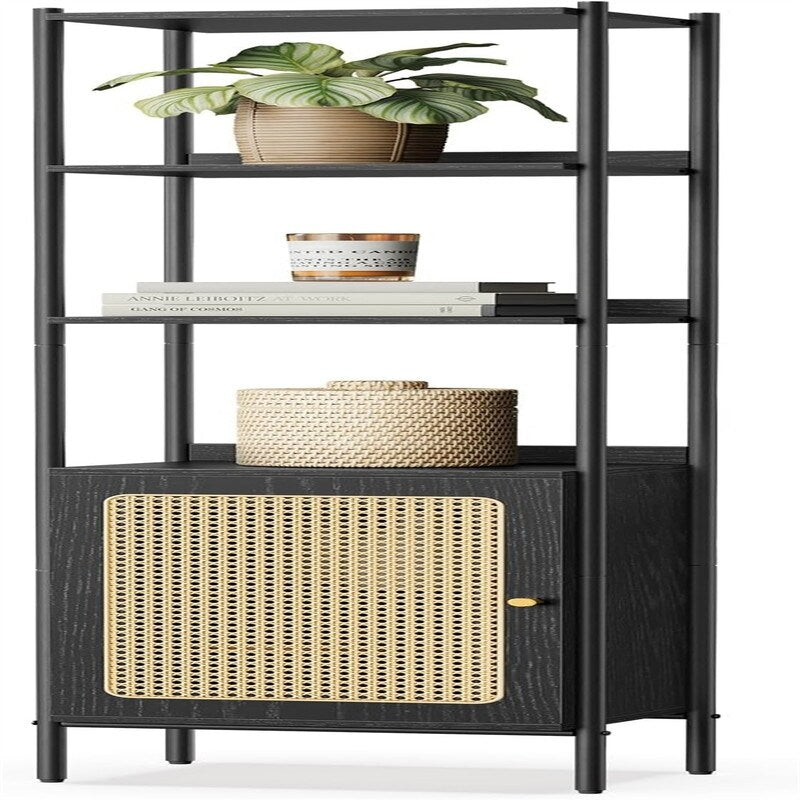 6-Tier Bookcase, Slim Bookshelf with Rattan-Like Door - 11.8"D x 15.7"W x 68.8"H