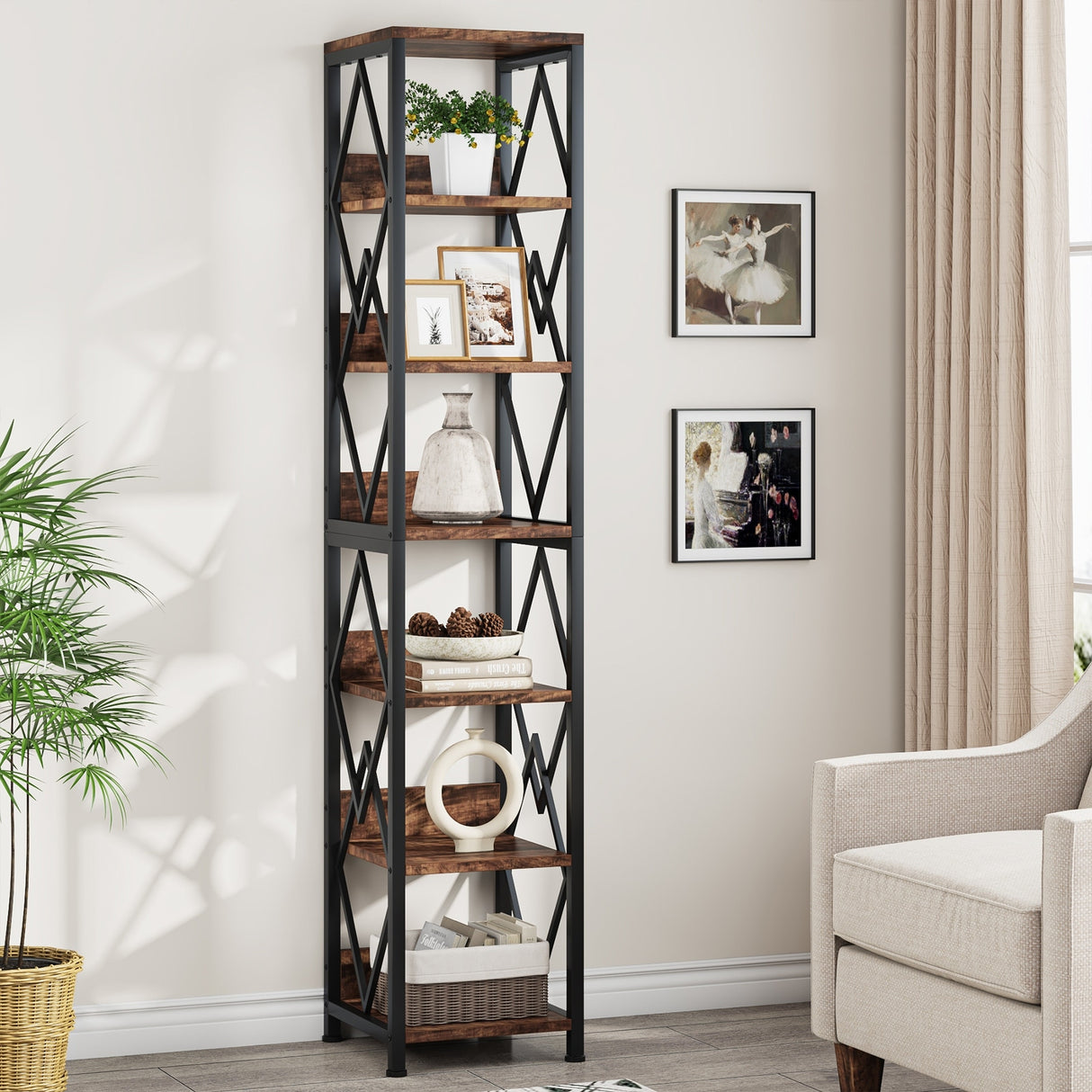 6-Tier Bookshelf, 75 Inches Tall Bookcase, Grey Display Storage Shelf