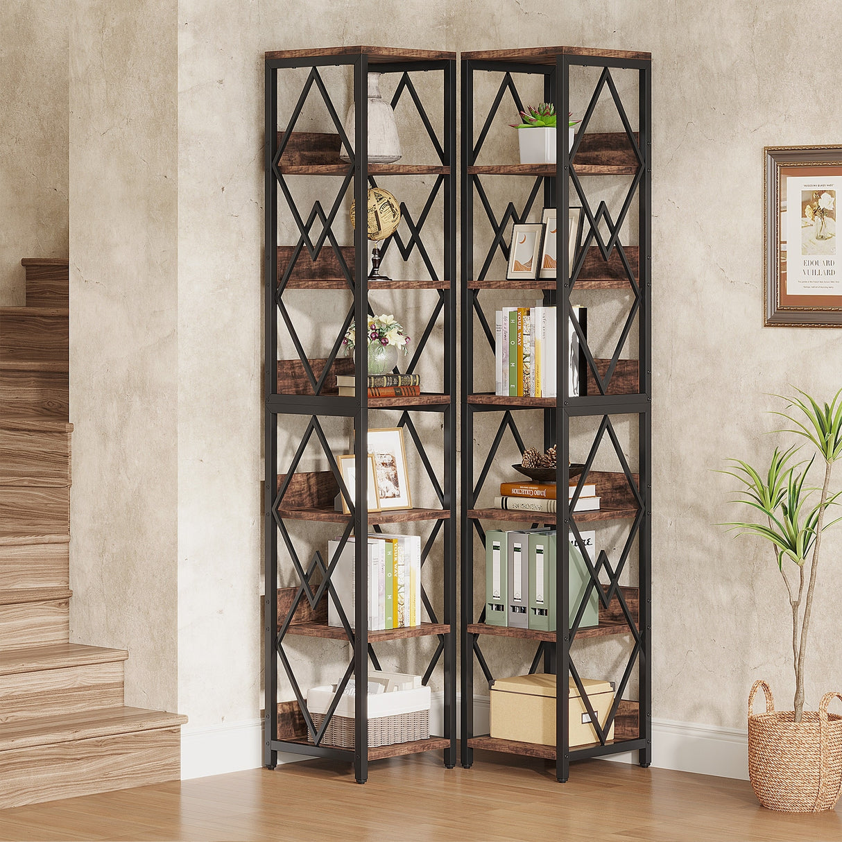 6-Tier Bookshelf, 75 Inches Tall Bookcase, Grey Display Storage Shelf