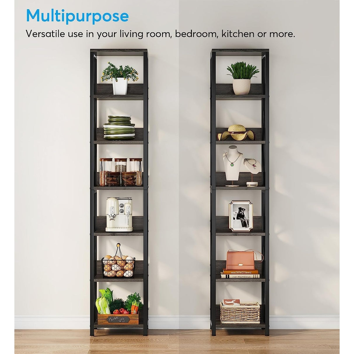6-Tier Bookshelf, 75 Inches Tall Bookcase, Grey Display Storage Shelf