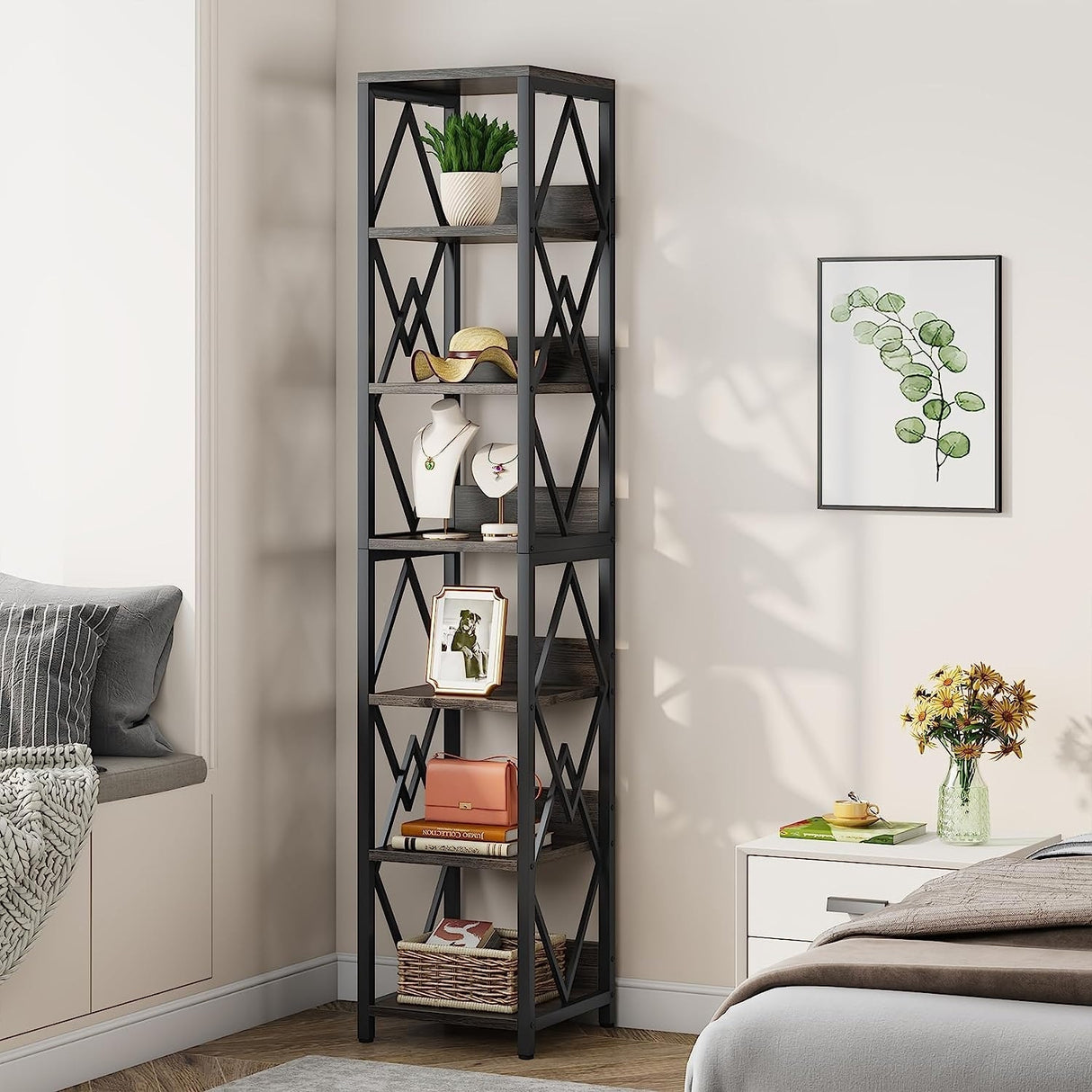 6-Tier Bookshelf, 75 Inches Tall Bookcase, Grey Display Storage Shelf