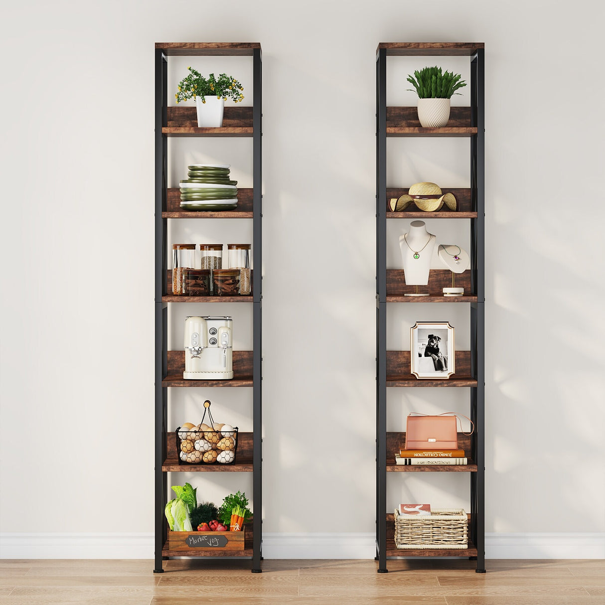 6-Tier Bookshelf, 75 Inches Tall Bookcase, Grey Display Storage Shelf