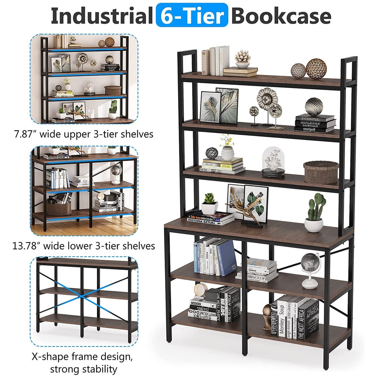 70.8 Inch 6-Tier Bookshelf, Open Storage Shelves, 6 Shelf Storage Rack with X-Shaped Frame